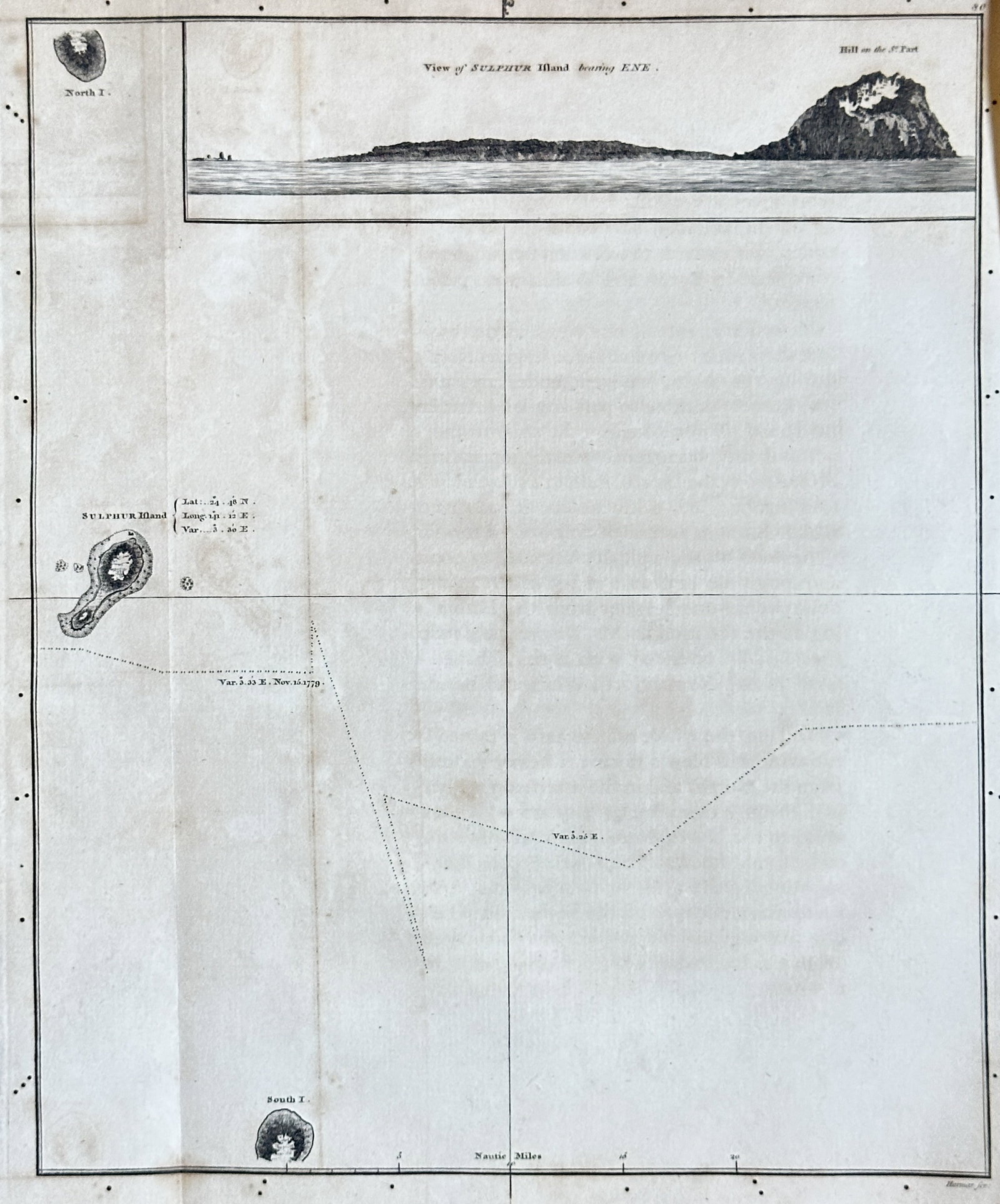 Captain James Cook – View of Sulphur Island bearing E.N.E. from the Folio of Plates to Captain: This rare engraving presents a detailed view of Sulphur Island, charted by Captain James Cook during his 1773 expedition. The sheet illustrates "VIEW OF SULPHUR ISLAND bearing E.N.E.," offering a coas