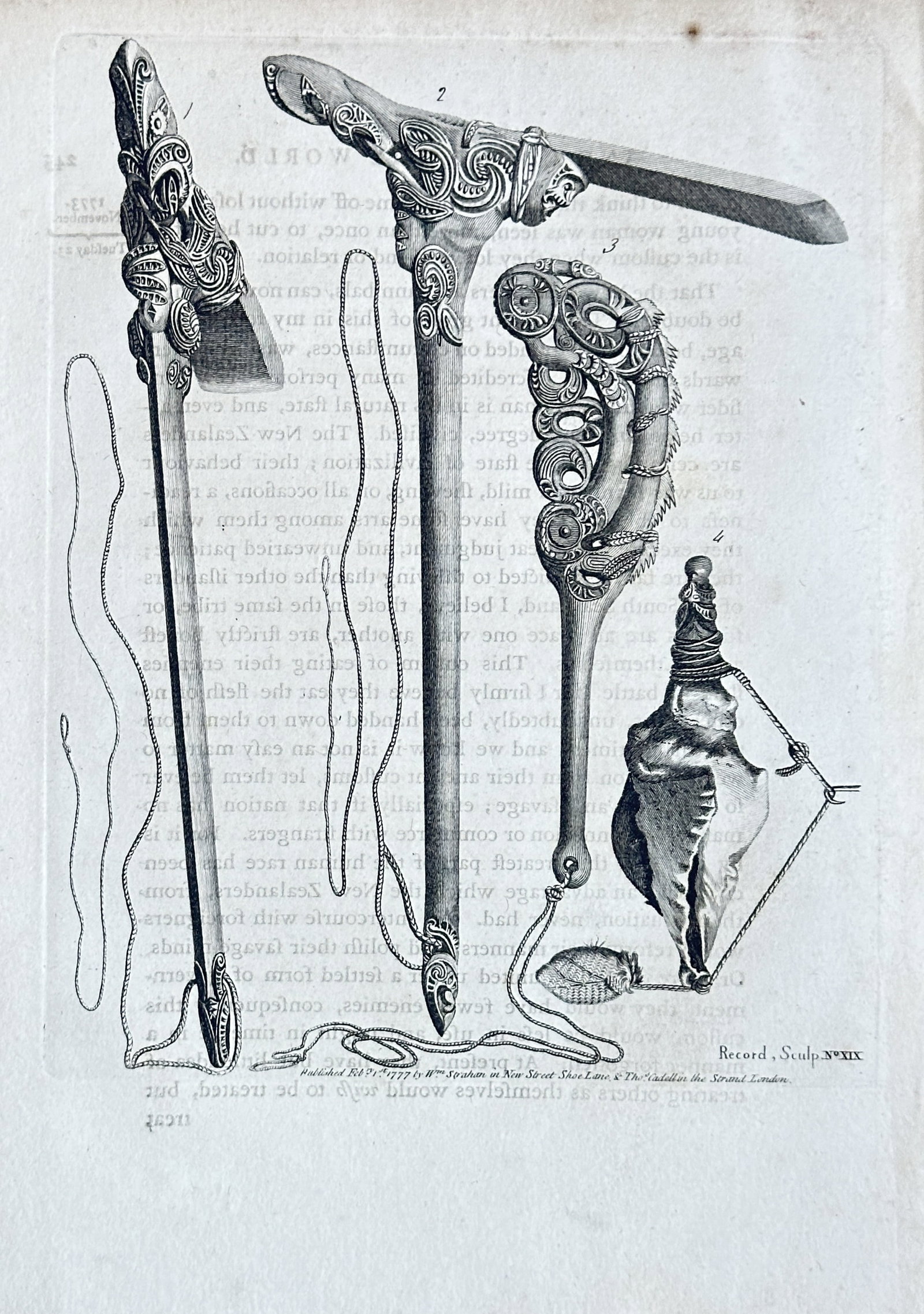 Captain James Cook – Indigenous Artifacts from the South Pacific – Engraving: This rare engraving presents detailed illustrations of various indigenous artifacts, meticulously documented during Captain James Cook's voyages to the South Pacific. The plate features intricately ca
