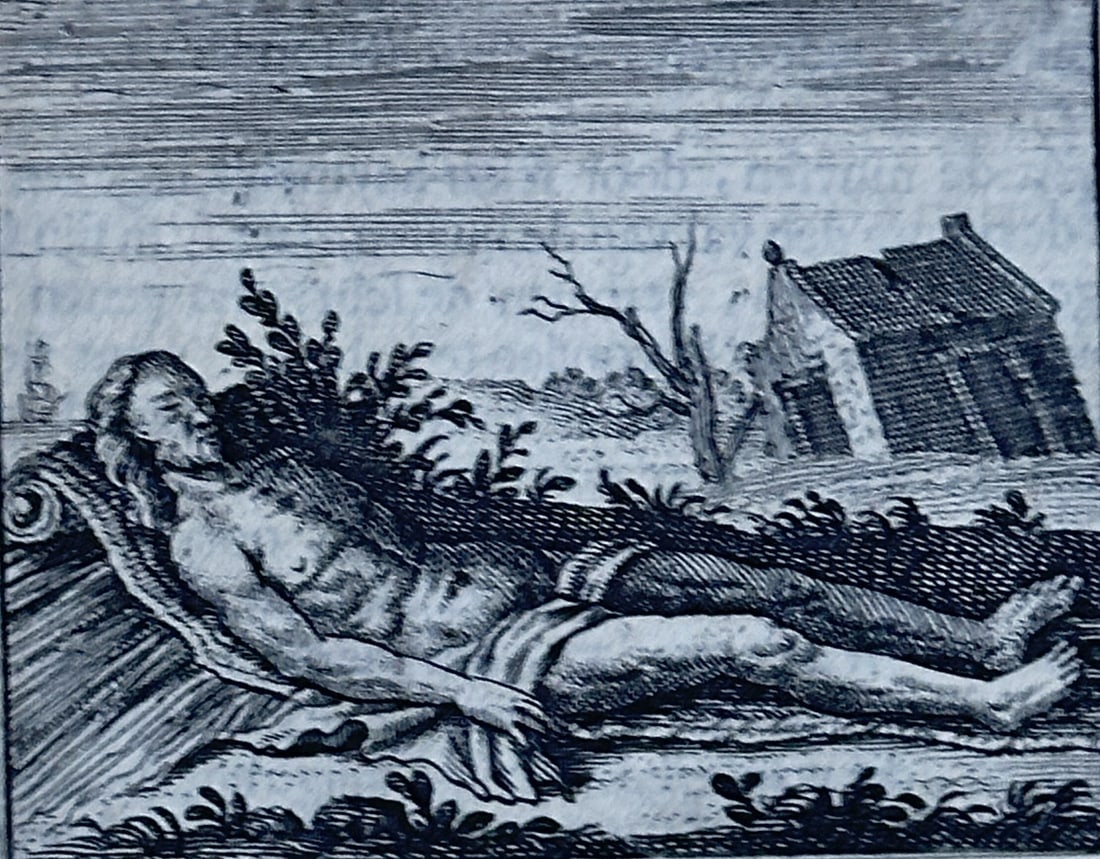 Jacob Cats – Figure Lying Down with Ruined House from "Sinne- en minne-beelden": This finely detailed copperplate engraving depicts a reclining male figure in the foreground, with a partially submerged or ruined house visible in the background, suggesting a scene of aftermath or m