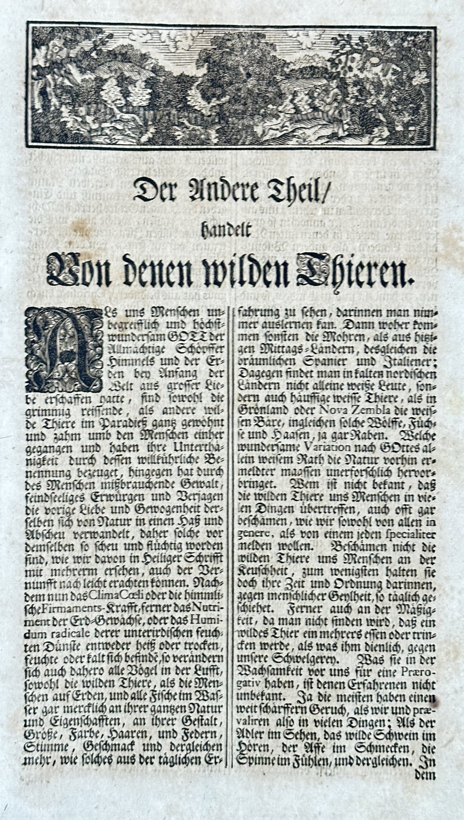 Sebastian Münster – The Second Part: On Wild Animals from "Cosmographia" – Woodcut (Mid-16th: This historical woodcut print presents a page from Sebastian Münster's seminal "Cosmographia," titled "Der Andere Theil / handelt / Von denen wilden Thieren." (The Second Part / deals with / Wild Ani