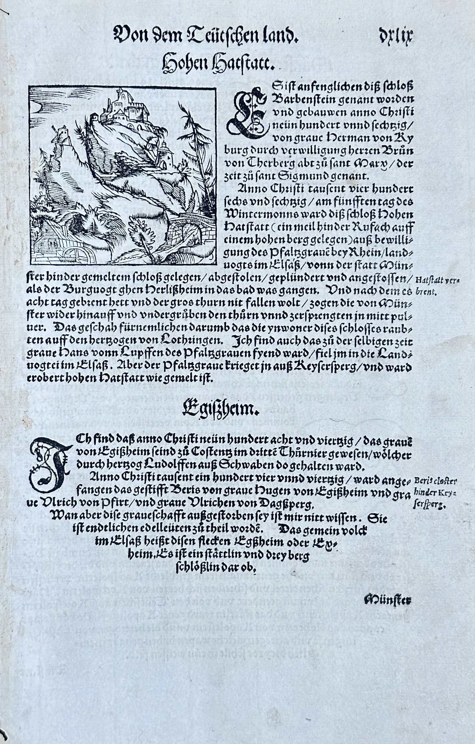 Sebastian Münster – Hohenhackat and Eguisheim from "Of the German Land" – Woodcut (Mid-16th: This historical woodcut print from Sebastian Münster's seminal "Cosmographia. The upper section of the page features a woodcut illustration depicting a mountainous or hilly landscape with a castle or