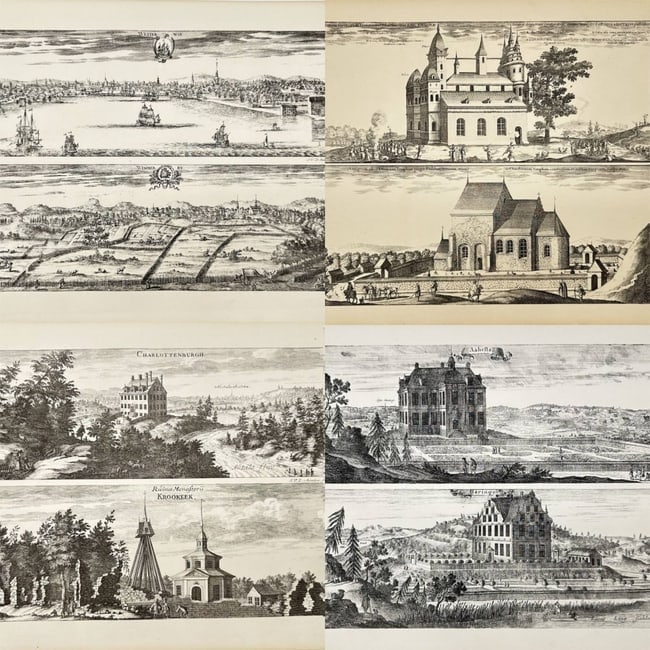 Erik Dahlberg – Set of 4 Views from Suecia antiqua et hodierna – Lithographs: This set includes View of Västervik – Sweden, View of the Ancient Temple at Uppsala – Sweden, View of Charlottenborg and Krokek’s Monastery – Europe, and View of Häringe Slott – Stockholm 