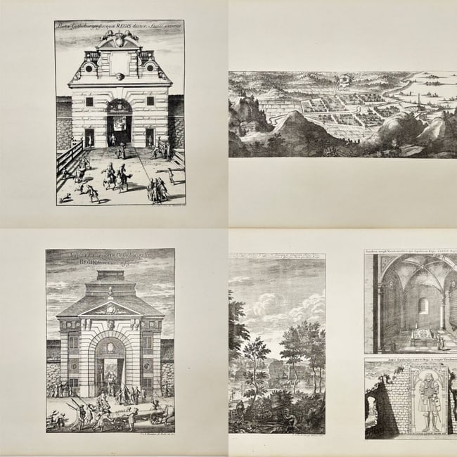 Erik Dahlberg – Set of 4 Views: Åmål (Västra Götaland), Tredingstenarna: This set of four original lithographs, based on Erik Dahlberg's original engravings, presents views of Åmål in Västra Götaland, the Tredingstenarna site in Sweden, and two detailed studies of door
