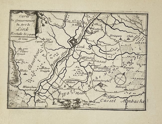 Sébastien de Pontault Beaulieu – Map of the Port of Link – Copperplate Engraving (1665): This original copperplate engraving by Sébastien de Pontault Beaulieu, published in Paris in 1665, presents a detailed map of the area surrounding the port of Link. The map shows rivers, towns, forti