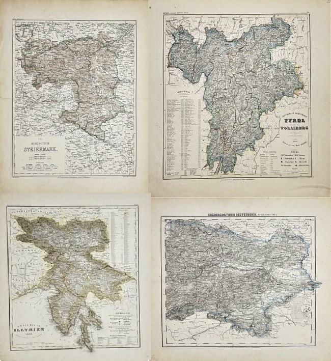 John Ravenstein – Map of the Austrian Empire – Set of 4 Hand-Coloured Engravings (1 of 8)
