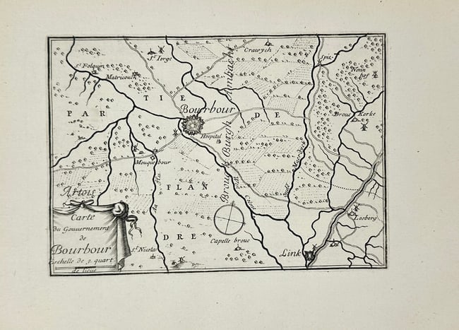 Beaulieu – Antique Map of Bourbourg, Flanders – Engraving (1667): This finely detailed engraving by Beaulieu depicts the government region of Bourbourg in Flanders, highlighting its fortifications, rivers, roads, and neighboring towns. The decorative cartouche and p