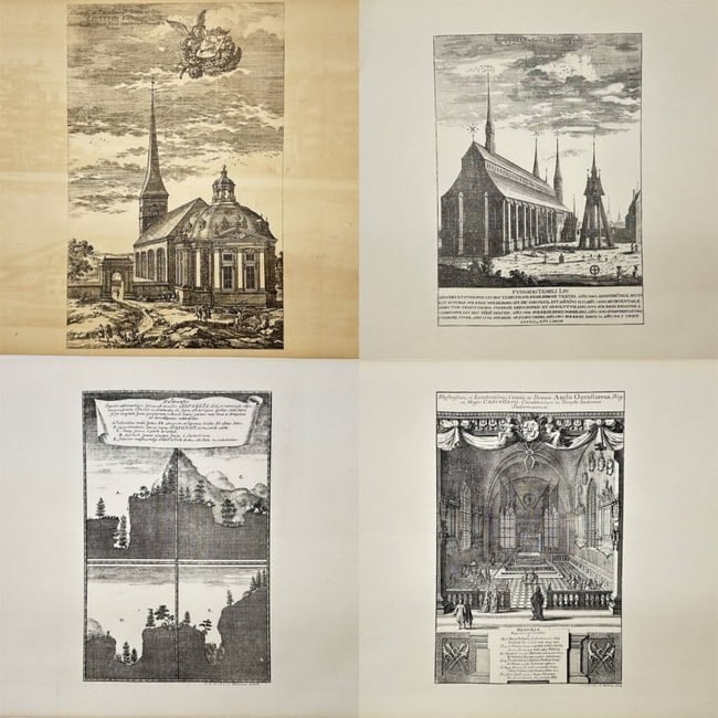 Erik Dahlberg – Set of 4 Prints – View of Floda Church, View of Jader's Church – Lithographs: These original antique lithographs, based on Erik Dahlberg's original engravings, published in Stockholm in 1856, depict views of Floda Church, Jader's Church, Linköping Cathedral, and Skurugata in S