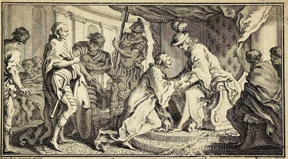 François Boucher – The Judgment of Solomon – Copperplate Engraving (Mid-18th Century): This intricate engraving, attributed to François Boucher, depicts the biblical scene of The Judgment of Solomon, in which King Solomon resolves a dispute between two women claiming to be the mother o