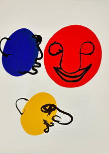Alexander Calder (1898–1976) – Lithograph from DLM 221 – Visages – Color Lithograph (1966): This color lithograph by Alexander Calder was published in Derrière le Miroir No. 221 under the title Visages. The composition features three bold, flat circles — in red, yellow, and blue — each
