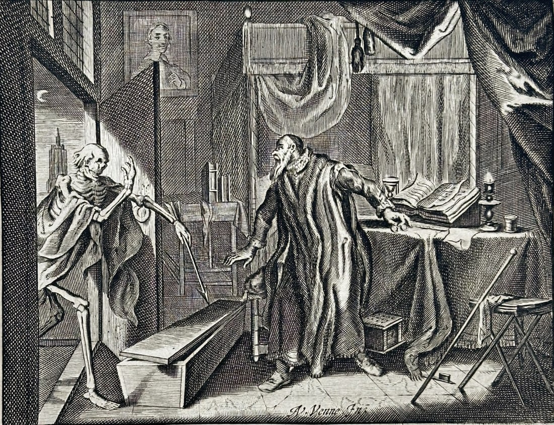 Adriaen Pietersz van de Venne  – Death and the Old Scholar – Etching (17th Century) (1 of 3)