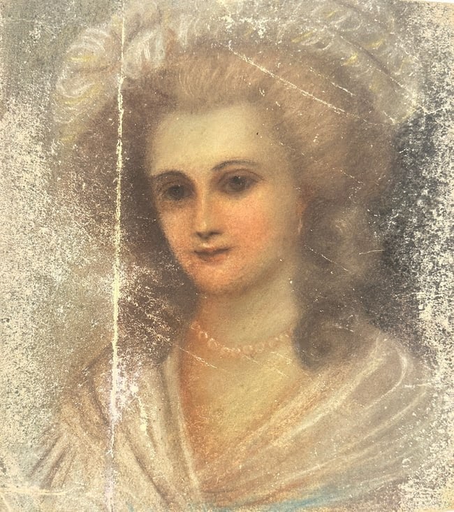 Unknown Artist – Portrait of a Lady in Feathered Hat – Pastel Drawing (Late 18th Century): This pastel portrait from the late 18th century depicts an elegant young woman wearing a voluminous feathered hat, a pearl necklace, and a draped white garment. Her hairstyle and refined facial featur