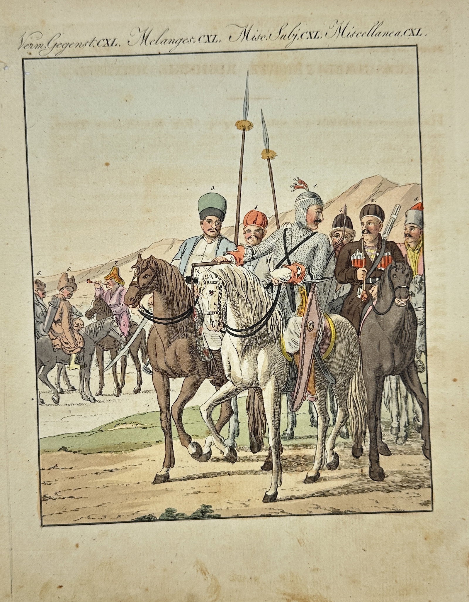Friedrich Justin Bertuch (1747–1822) – Oriental or Central Asian Mounted Figures –: This hand-colored engraving, originating from "Bilderbuch für Kinder" (Picture Book for Children), published by Friedrich Justin Bertuch, depicts a group of mounted figures in distinctive attire, lik