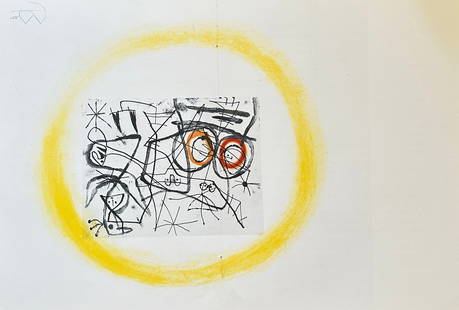 Joan Miró  – Prparatifs D' Oiseaux II (Preparations of Birds II) – Aquatint in Colors (circa: This original aquatint in colors on paper, titled "Prparatifs D' Oiseaux II" (Preparations of Birds II), was created by the renowned artist Joan Miró circa 1963. The abstract composition features a d
