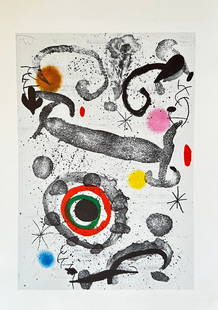 Joan Miró – L'Astre du Marecage (The Star of the Marsh) – Offset Lithograph (1982): This striking offset lithograph by Joan Miró, titled "L'Astre du Marecage" (The Star of the Marsh), created in 1982, presents a vibrant abstract composition. The artwork features dynamic black lines