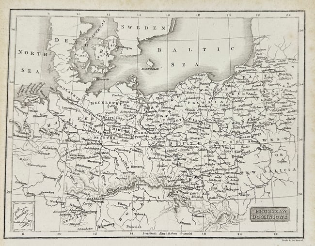 Alexander Findlay – Map of Prussia: Central Europe Including Bohemia and Poland: This original 1830 engraved map titled Prussia was produced by Alexander Findlay and published in the Oxford Encyclopaedia. It offers a detailed view of Central Europe during the early 19th century, c