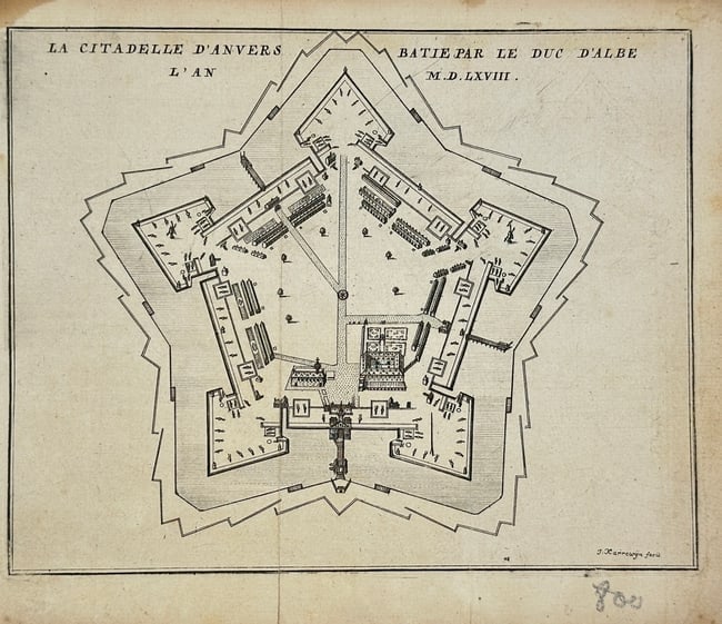 Jacobus Harrewijn – Plan of the Citadel of Antwerp / La Citadelle d’Anvers – Copperplate: This copperplate engraving presents a bird’s-eye architectural plan of the Citadel of Antwerp (Citadelle d’Anvers), originally constructed in 1568 under the orders of the Duke of Alba. Designed in