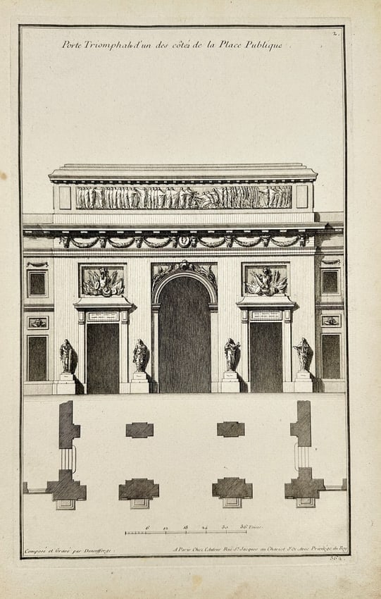 Jacques au Charlot – Porte Triomphale d’un des côtés de la Place Publique – Copperplate: This neoclassical architectural engraving titled Porte Triomphale d’un des côtés de la Place Publique presents a monumental triumphal gate flanked by paired columns and classical statues. The uppe