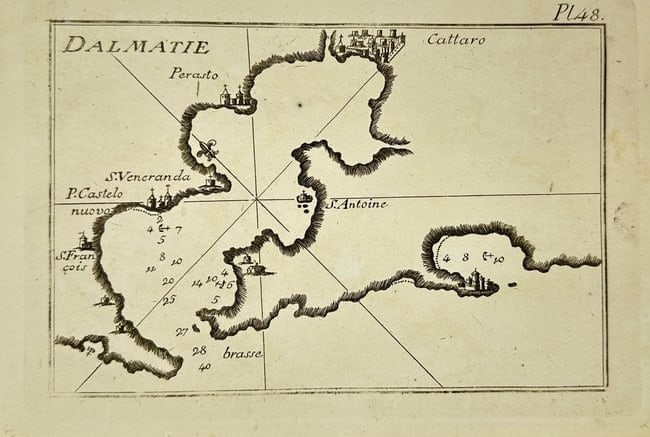 Joseph Roux (1725–1793) – Map of the Bay of Kotor and Dalmatian Ports – Engraving (1 of 2)