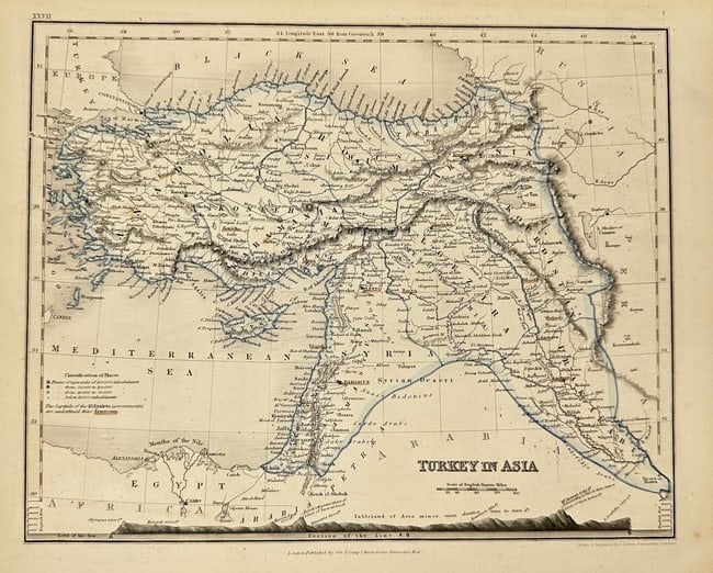 John Dower – Map of Turkey in Asia – Hand-Coloured Engraving – Mid-19th Century: This engraved and hand-coloured map depicts the territories of the Ottoman Empire in Asia, covering modern-day Turkey, Syria, Iraq, and parts of the Arabian Peninsula. Densely labeled with cities, riv