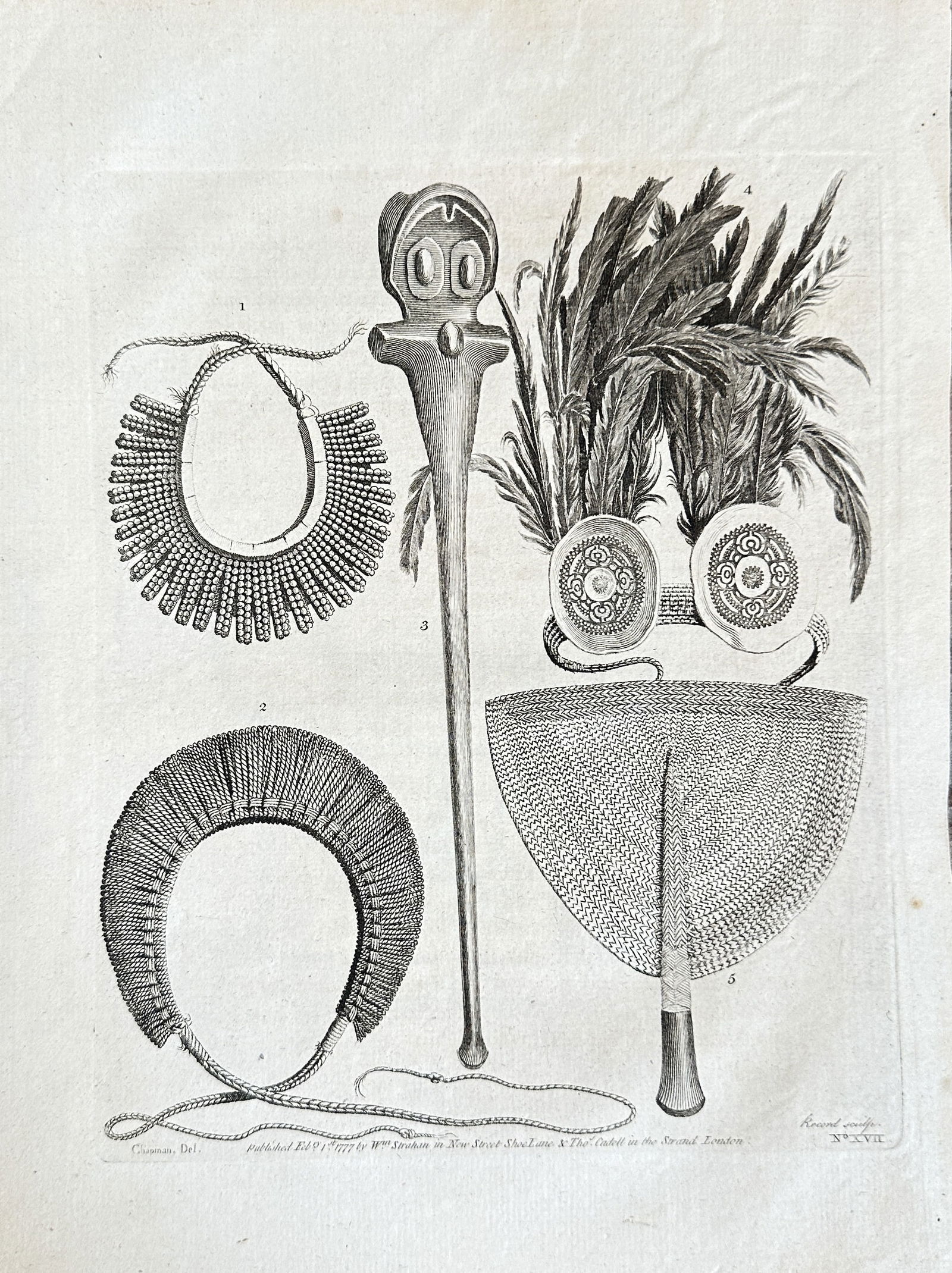 William Hodges (1744–1797) – Ornaments and Weapons at the Marquesas – Copperplate Engraving (1 of 3)