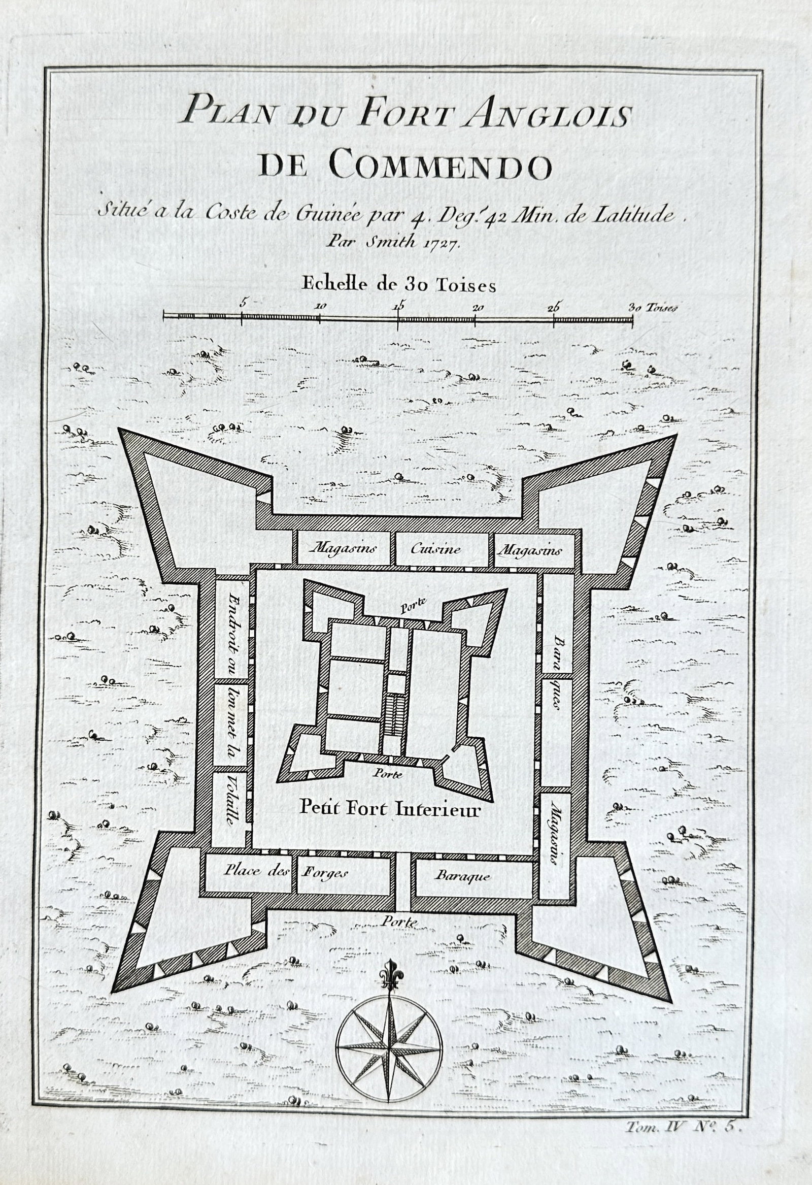 Jacques-Nicolas Bellin – Plan of the English Fort of Commendo – Copperplate Engraving (1748): This detailed copperplate engraving by Jacques-Nicolas Bellin and Jakob van der Schley, titled "Plan of the English Fort of Commendo," provides a precise architectural layout of the British Fort Komen