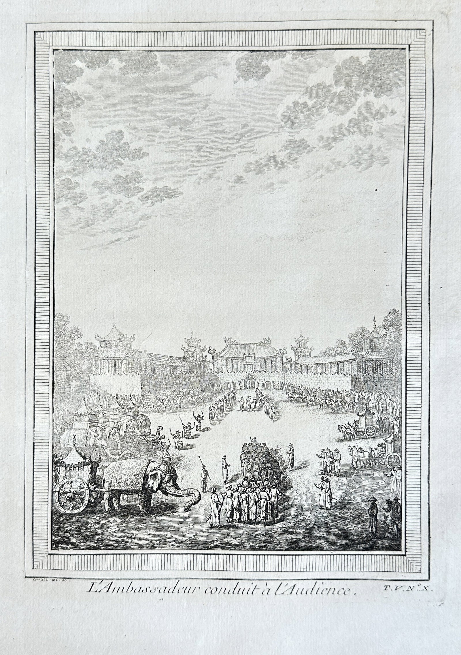 Pierre-Quentin Chedel (1705–1763) – The Ambassador Led to the Audience – Copperplate Engraving: This historical copperplate engraving by Pierre-Quentin Chedel, titled "The Ambassador Led to the Audience," depicts a grand ceremonial procession within what appears to be an East Asian imperial sett