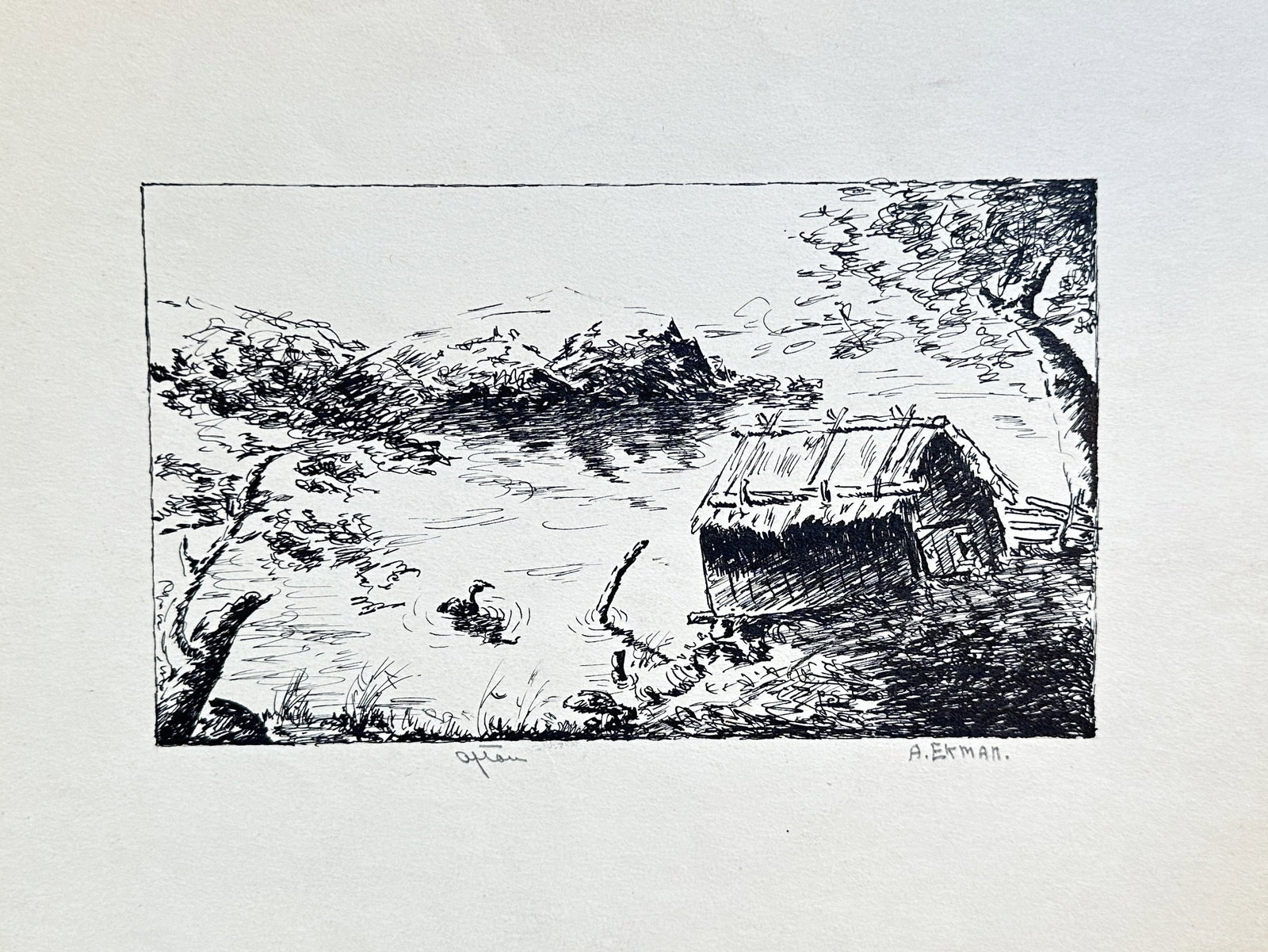 Axel Ekman (1869–1937) – Rustic Lakeside Scene – Print after a Drawing (1 of 3)