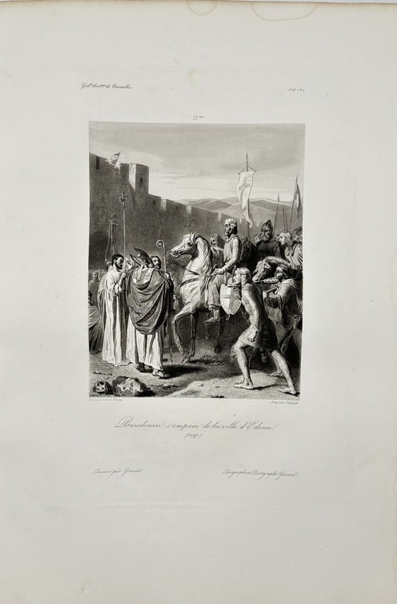 Robert Fleury – First Crusade Crusaders Under Baudouin - Engraving (1838-49): This antique engraving is from Charles Gavard’s Galeries historiques de Versailles, Serie II, De Clovis-1643, published in Paris between 1838 and 1849. It depicts crusaders of the First Crusade unde