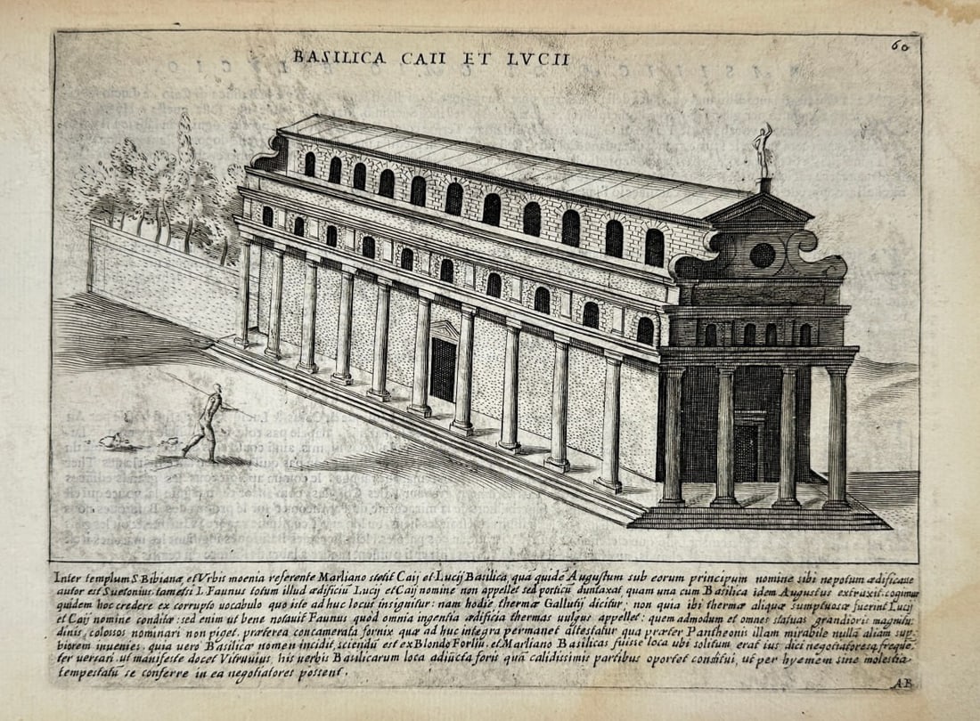 Giacomo Lauro (c.1550–1645) – Basilica of Caius and Lucius – Engraving (1628): This architectural engraving by Giacomo Lauro depicts a reconstruction of the Basilica Caii et Lucii, located in ancient Rome and associated with Caius and Lucius Caesar, the grandsons of Emperor Augu