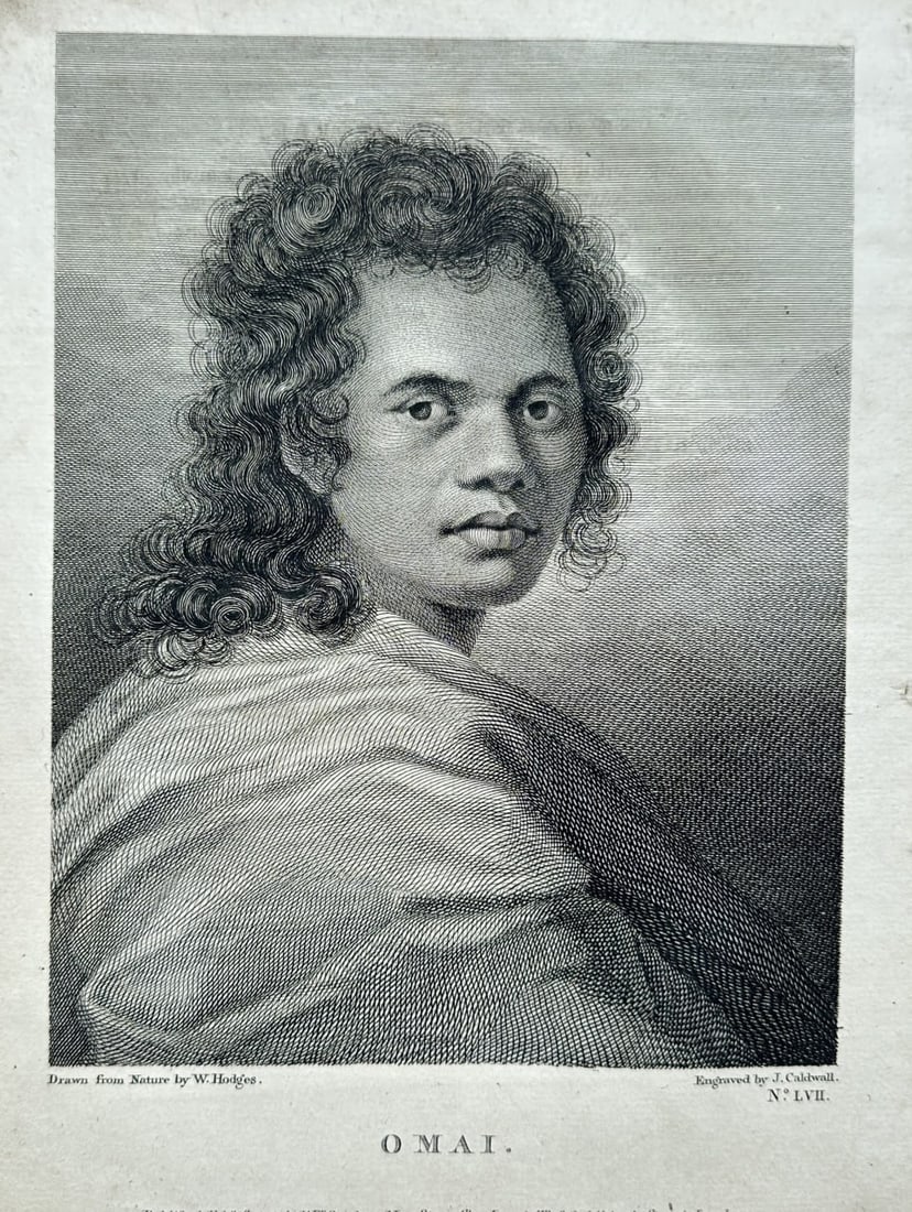 James Caldwall after William Hodges – Portrait of Omai – Engraving (1777): This detailed engraving, titled "O M A I.", depicts a portrait of Omai, a celebrated Polynesian who famously traveled to Europe. Designed by William Hodges and engraved by James Caldwall, this print w