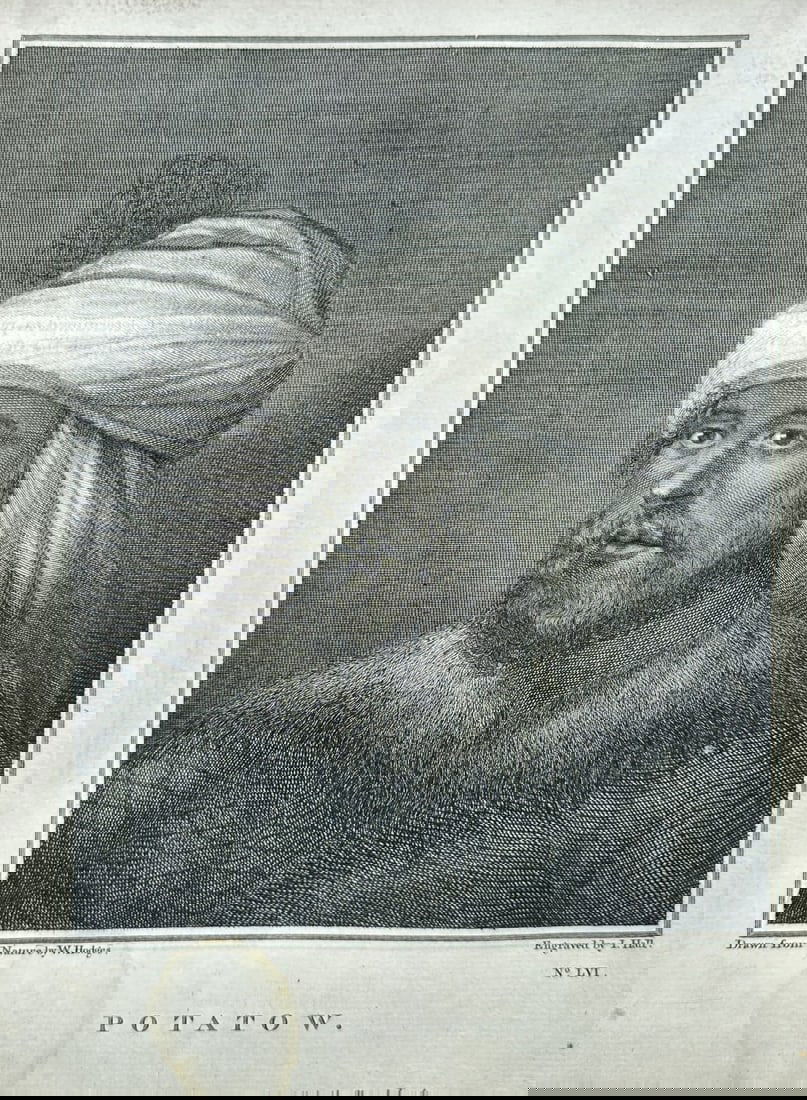 John Hall after William Hodges – Portrait of Potatow – Engraving (1777): This detailed engraving, titled "P O T A T O W.", depicts a portrait of an individual with a turban and a beard, rendered with fine cross-hatching and tonal detail. Designed by William Hodges and engr