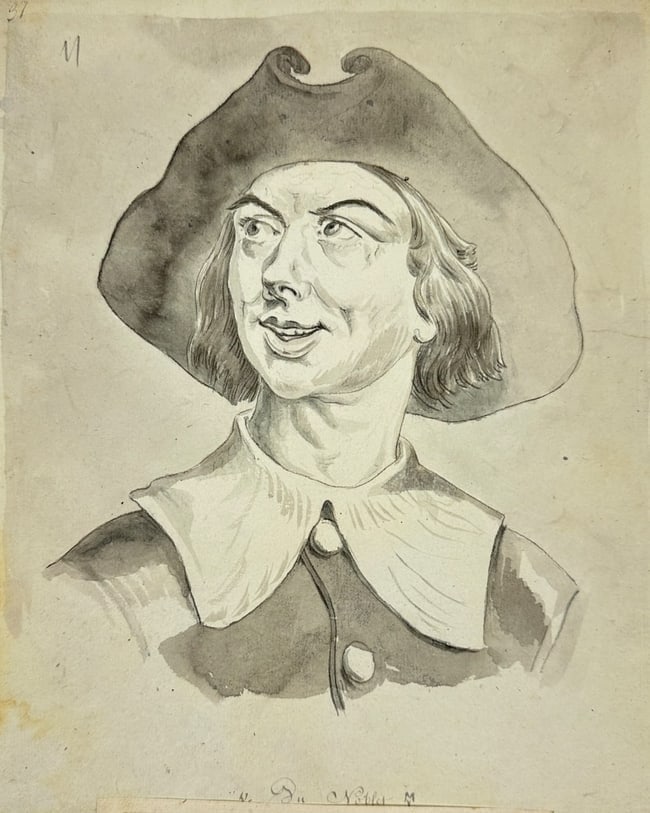 European School – Portrait of the Actor Tourboul – Ink and Wash Drawing – 19th Century: This expressive ink and wash drawing portrays the French comic actor Tourboul, depicted in theatrical costume with a broad-brimmed hat, long hair, and a pronounced collar. His exaggerated expression, 