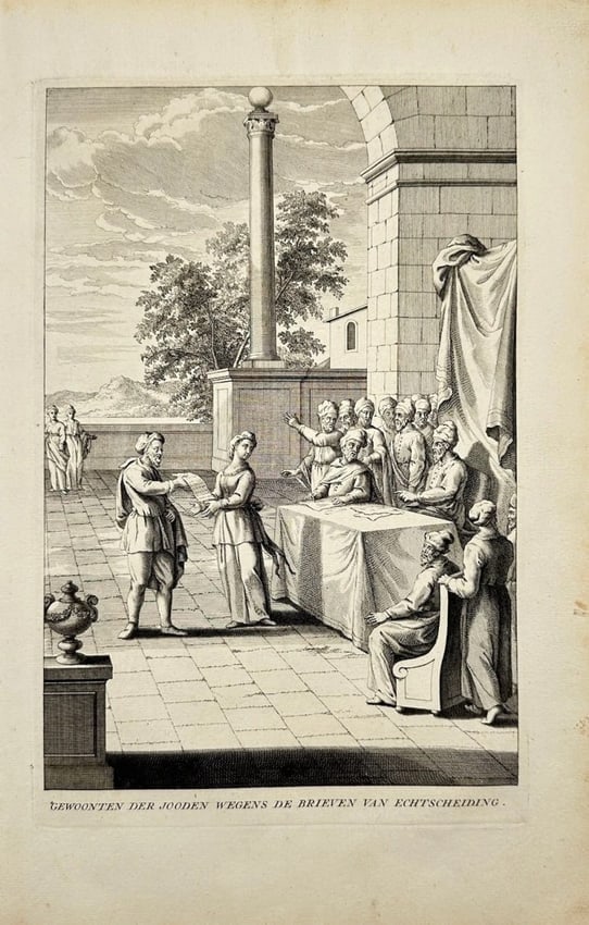 Antoine Augustine Calmet – Religious Print Gewoonten der Jooden Wegens – Print: This original 18th-century print, titled Gewoonten der Jooden Wegens de Brieven Van Echtscheiding (“Customs of the Jews Concerning Letters of Divorce”), visually interprets Jewish divorce prac
