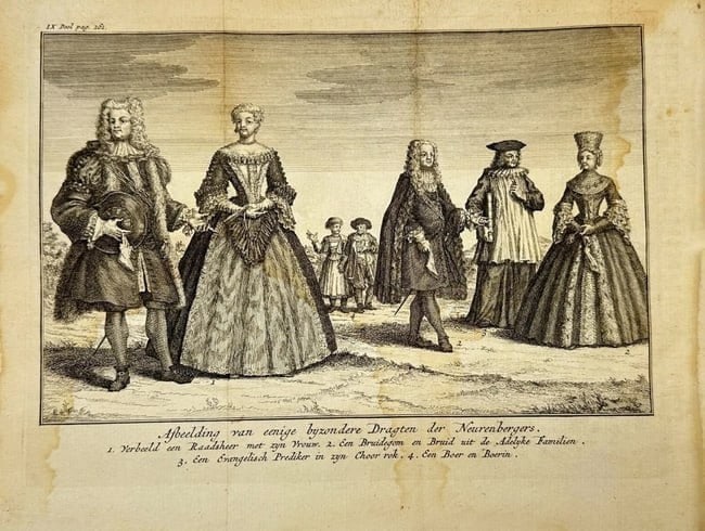 Thomas Salmon (1679–1767), J.C. Philips (engraver) – Traditional Costumes of Nuremberg Citizens: This copperplate engraving, published in the Dutch edition of Thomas Salmon’s Modern History, presents a vivid tableau of traditional costumes worn by citizens of Nuremberg. The composition features