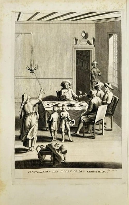 Antoine Augustine Calmet – Ceremonies of Jews upon the Sabbath Day – Print: This original 18th-century print illustrates Jewish Sabbath ceremonies as documented in Antoine Augustine Calmet’s monumental biblical encyclopedia Het algemeen groot historisch, oordeelkundig, chro