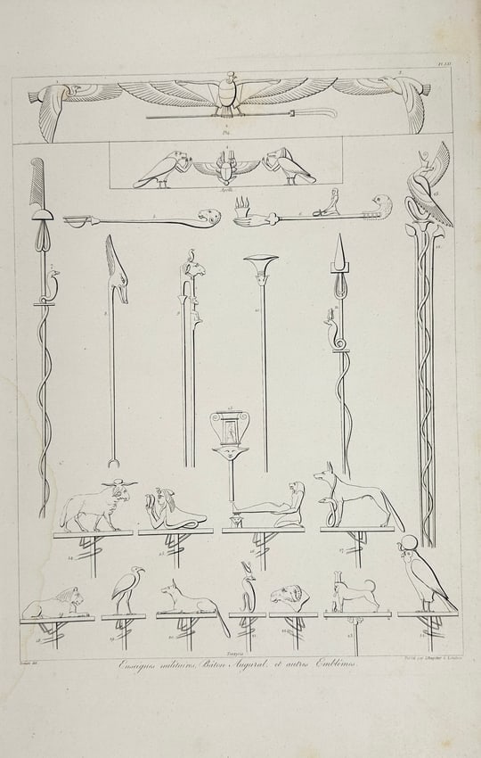 S. Bagster – Military Insignias, Augural Batons, and Other Emblems from Tentyrys – Engraving: This antique engraving, drawn by Dominique Vivant Denon and engraved by S. Bagster, showcases an array of ancient military insignias, augural batons, and ceremonial emblems discovered at Tentyrys. The