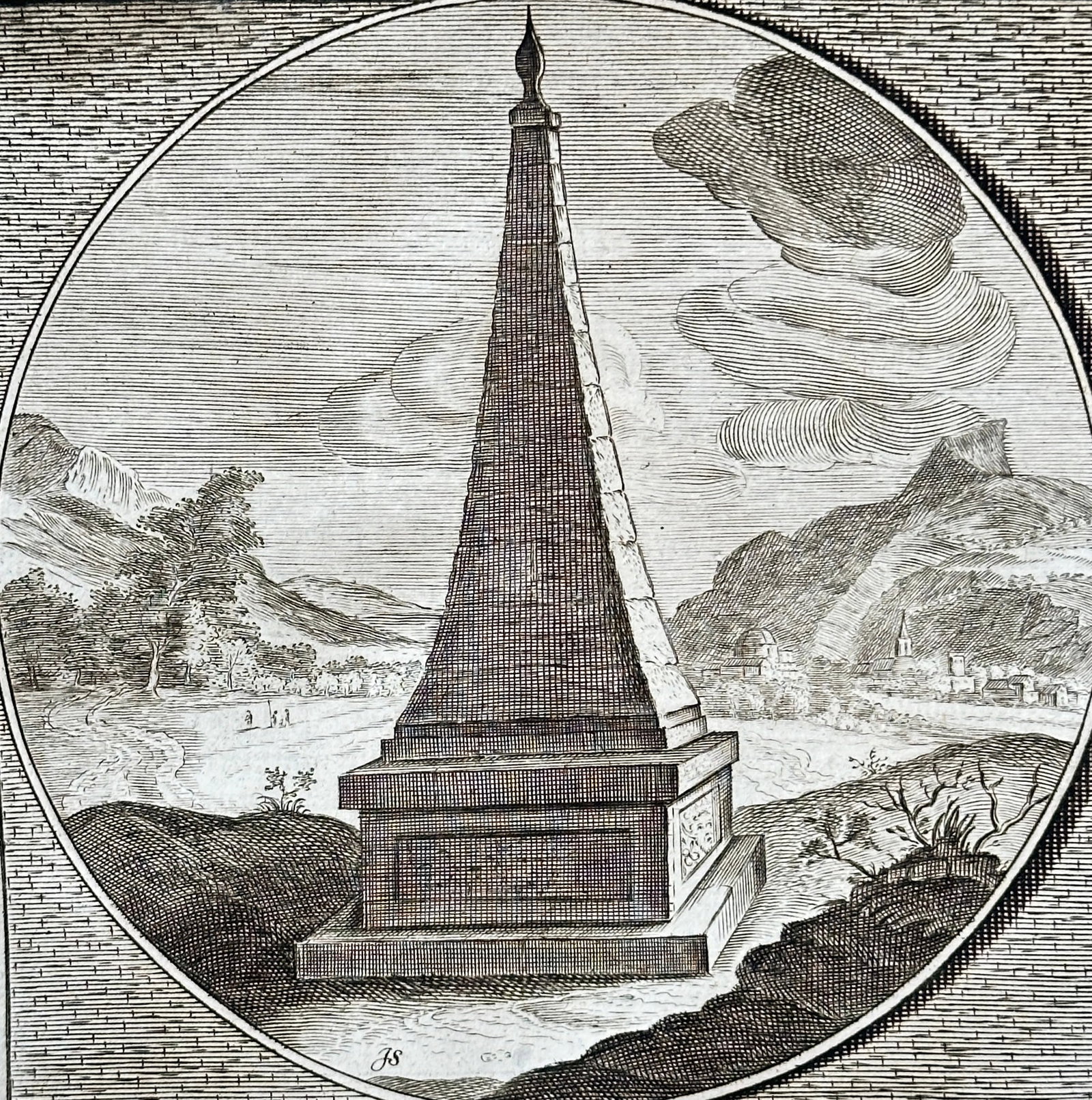 Jacob Cats (1577–1660) – Nothing in Retreat – Copperplate Engraving (1655): This allegorical copperplate engraving by Jacob Cats, titled "Nothing in Retreat," is a symbolic illustration from his renowned emblem books. The print features a prominent, tall obelisk or pyramid-li