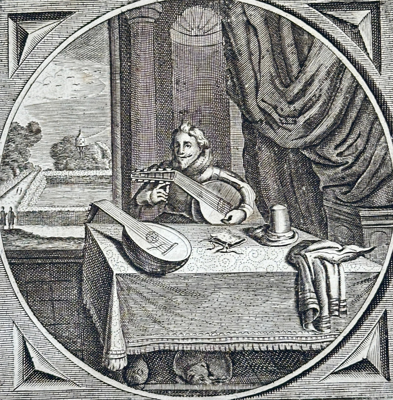 Jacob Cats (1577–1660) – What Does Love Not Feel? – Copperplate Engraving (1655): This allegorical copperplate engraving by Jacob Cats, titled "What Does Love Not Feel?," is a symbolic illustration from his renowned emblem books. The print features a man seated at a table, holding 