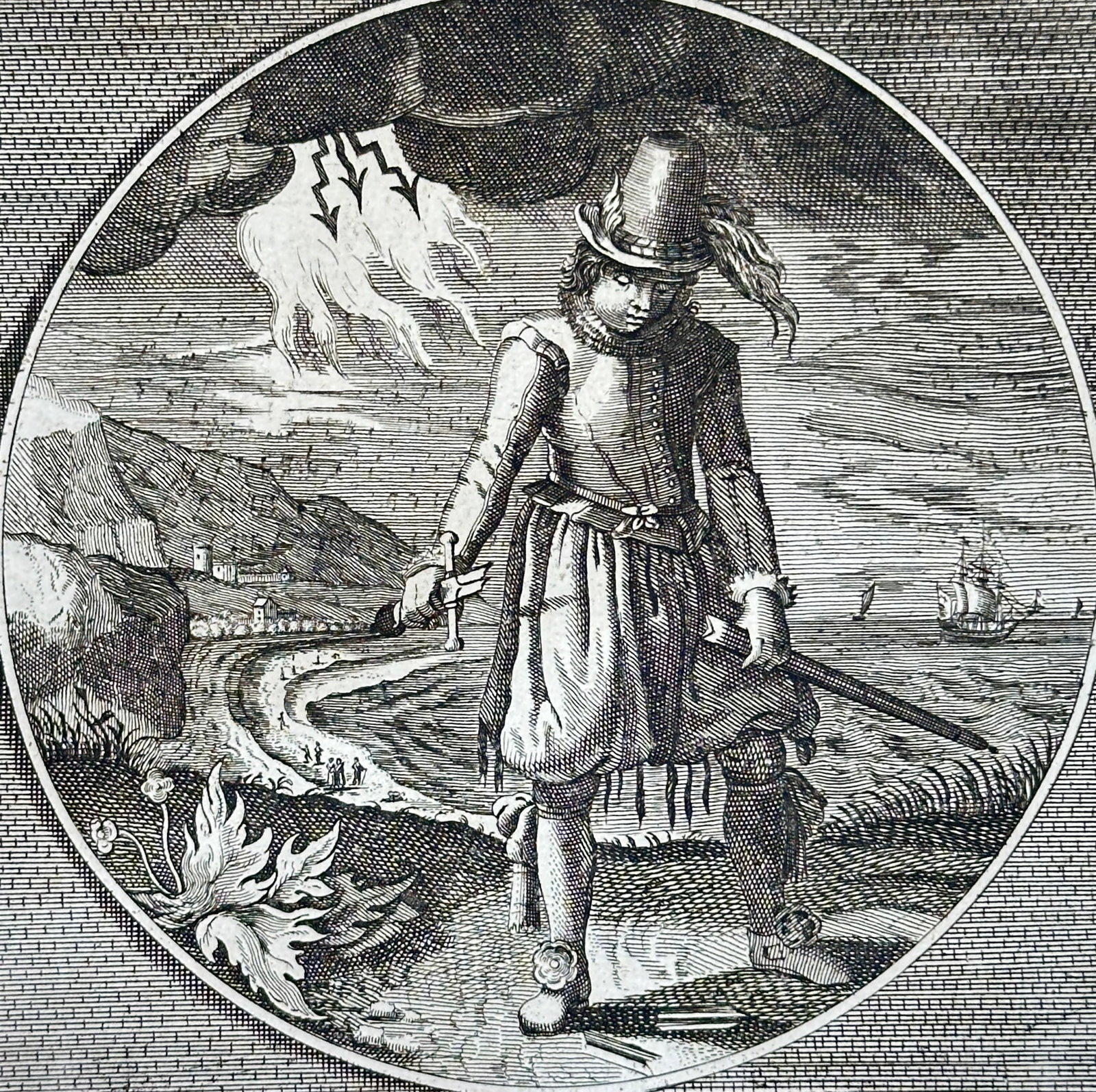 Jacob Cats (1577–1660) – Harmed Without a Wound – Copperplate Engraving (1655): This allegorical copperplate engraving by Jacob Cats, titled "Harmed Without a Wound," is a symbolic illustration from his renowned emblem books. The print features a young man or soldier, dressed in 