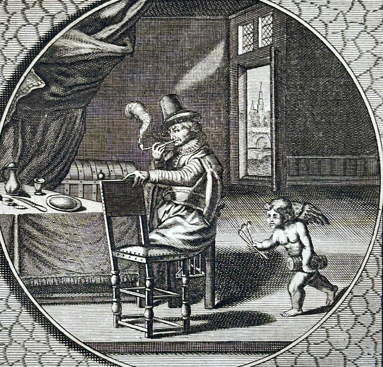 Jacob Cats (1577–1660) – Lovers are Fed by Smoke – Copperplate Engraving (1655): This allegorical copperplate engraving by Jacob Cats, titled "Lovers are Fed by Smoke," is a symbolic illustration from his renowned emblem books. The print features a man seated at a table, intently 