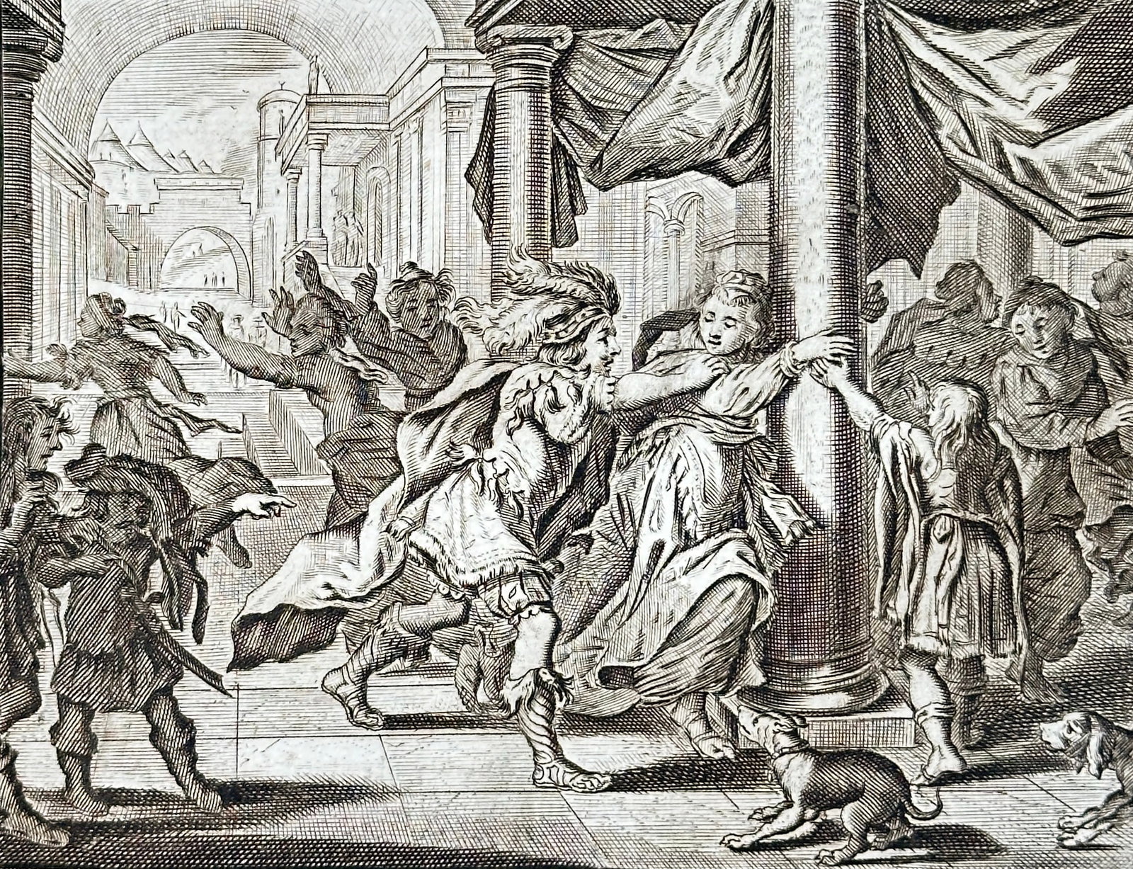Jacob Cats (1577–1660) – Interior with a Man Attacking a Woman – Copperplate Engraving (1655): This allegorical copperplate engraving by Jacob Cats, titled "Interior with a Man Attacking a Woman," is a symbolic illustration from his renowned emblem books. The print depicts a complex interior sc