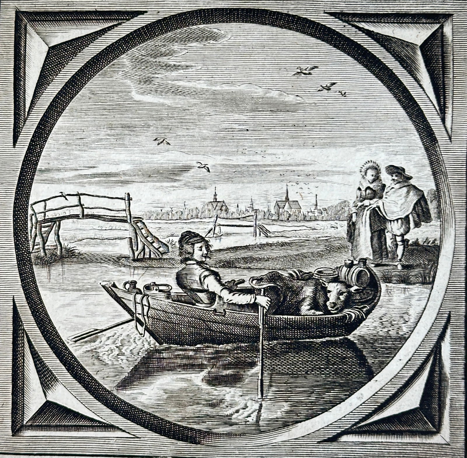Jacob Cats (1577–1660) – Emblem of Courtship (Courting-Boat-Cow-Virgin) – Engraving – 1655 (1 of 4)