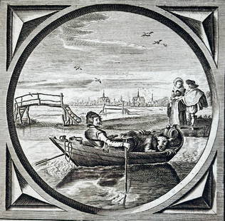 Jacob Cats (1577–1660) – Emblem of Courtship (Courting-Boat-Cow-Virgin) – Engraving – 1655: This original 17th-century copperplate engraving is an emblematic illustration from "Alle de Wercken van den Heere Jacob Cats" (All the Works of the Lord Jacob Cats), the first collected edition of th
