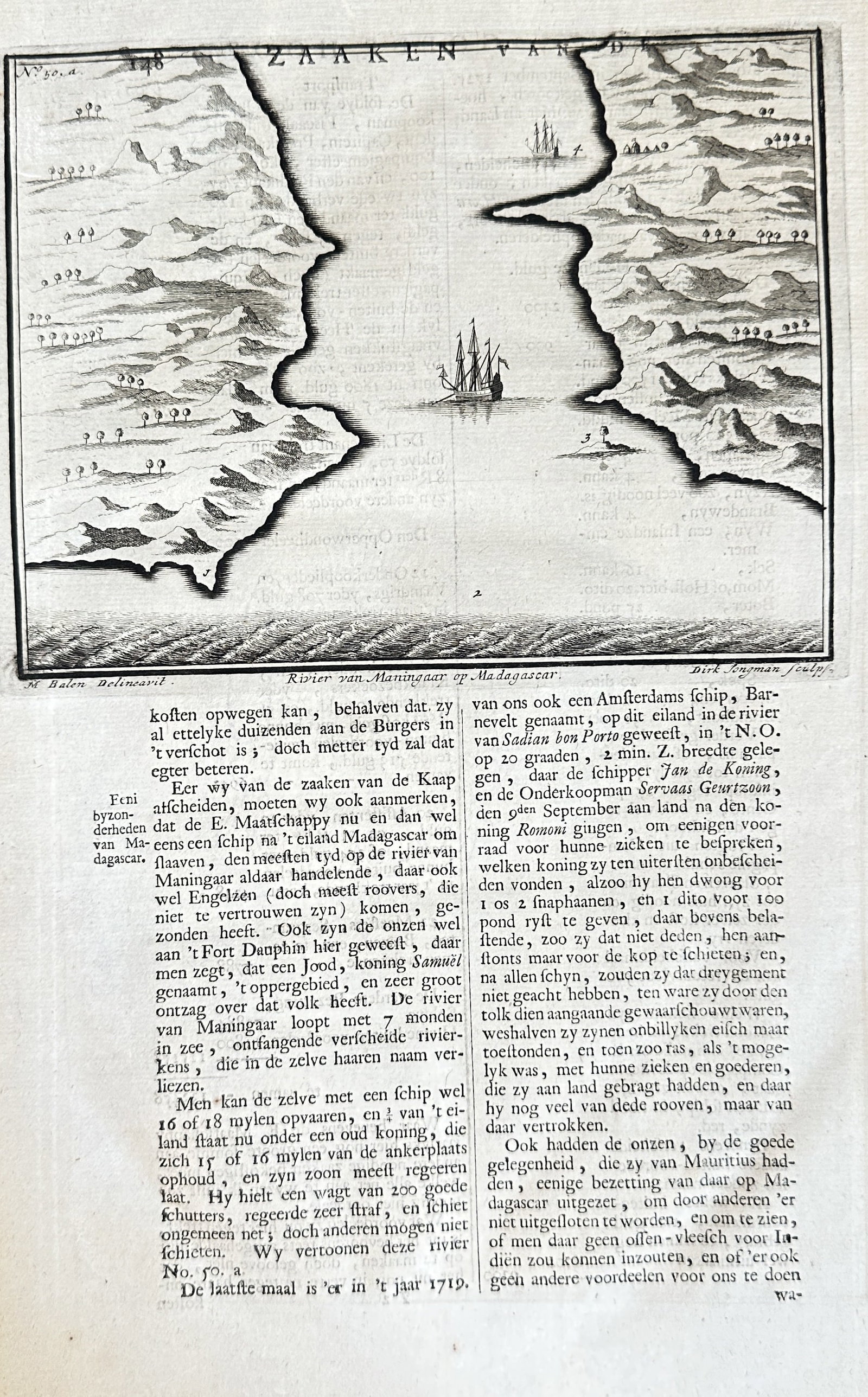 François Valentijn (1666–1727) – Map of Makassar Strait (Strait of Malacca) and Text –: This engraving features a prominent map at the top and a substantial block of Dutch text below it. The map depicts a narrow strait, likely the Makassar Strait (though sometimes referred to as Strait o