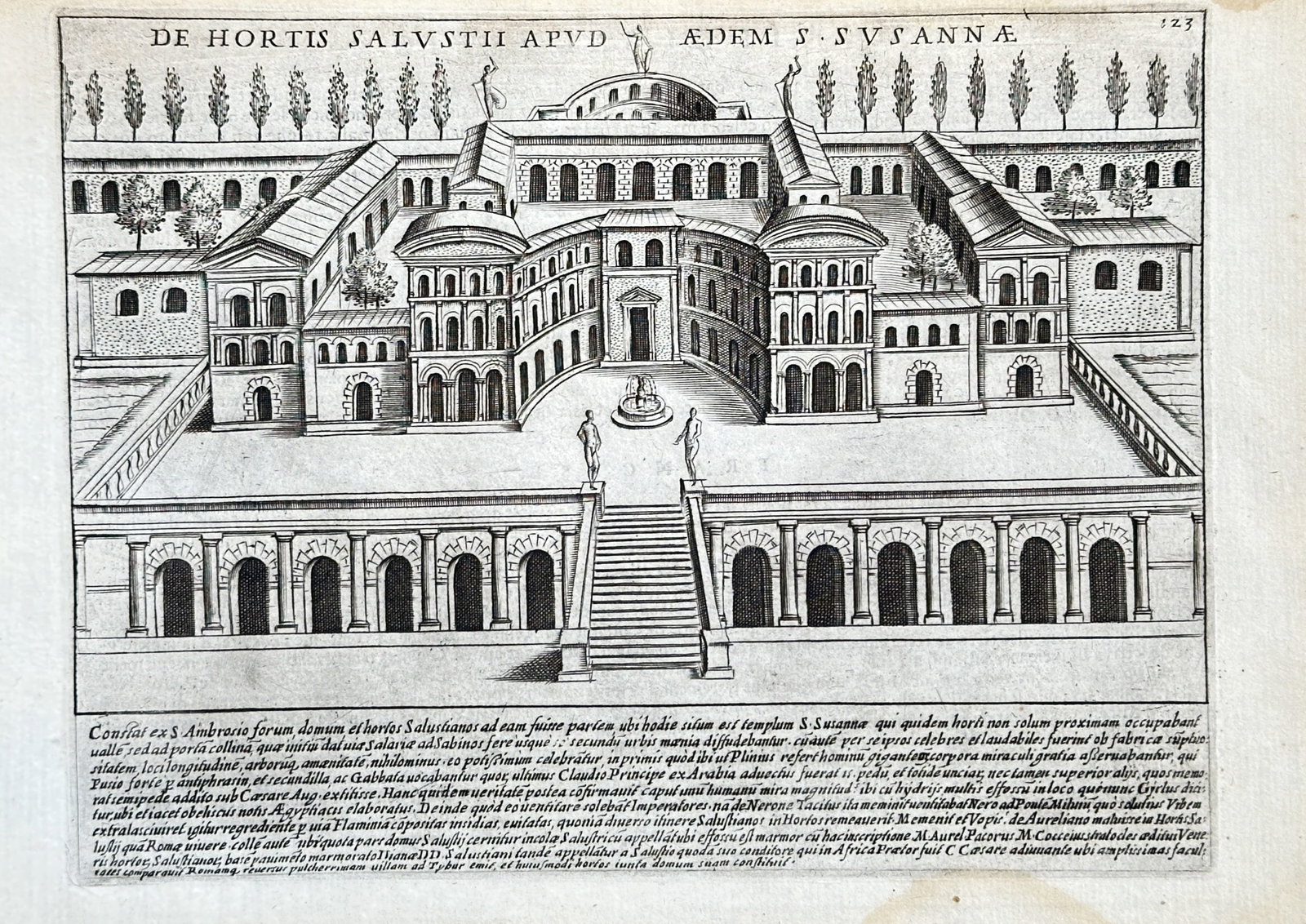Giacomo Lauro (c. 1550–1605) – The Sallustian Gardens near the Church of Santa Susanna –: This engraving, titled "DE HORTIS SALVSTII APVD AEDEM S. SVSANNA," depicts an elaborate classical garden and villa complex, illustrating the Sallustian Gardens near the Church of Santa Susanna in Rome