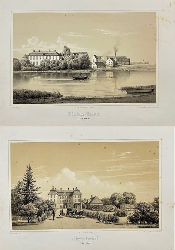 Ferdinand Richardt – Set of 2 Börringe-Kloster from Wester / Christinehof Castle: This set of two chromolithographs is taken from Ferdinand Richardt’s celebrated series Skånska Herregårdar (Scanian Manors), published in Sweden in 1863. The views depict Börringe-Kloster from th