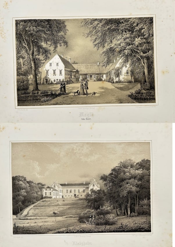 Ferdinand Richardt – Set of 2 Näsbyholm from the South / Maglo from Oster: This set of two chromolithographs is from Ferdinand Richardt’s 1863 publication Skånska Herregårdar (Scanian Manors), which illustrates notable estates across southern Sweden. Featured here are vi