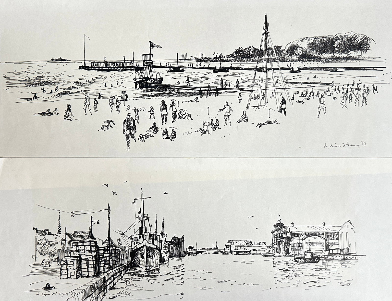 Unknown Artist – Set of 2: Harbor and Beach Scenes: Beach Scene with Pier and Harbor Scene with (1 of 3)