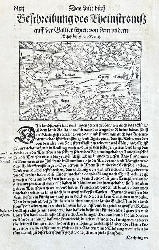 Sebastian Münster – Description of the Rhine River and its Course from "Cosmographia" (1 of 3)