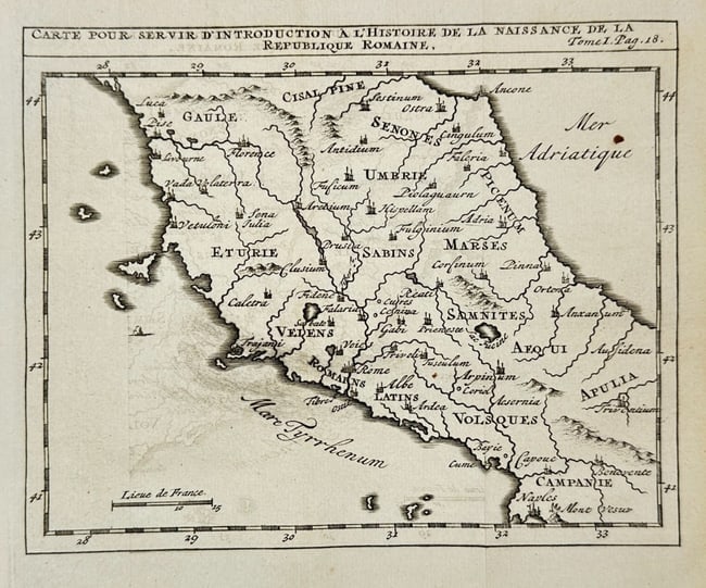 Zacharie Chatelain – Map of Central Italy – Copperplate Engraving – 1743: This finely engraved map of central Italy shows the historical regions and peoples relevant to the early formation of the Roman Republic. Titled Carte pour servir d'introduction à l'histoire de la na